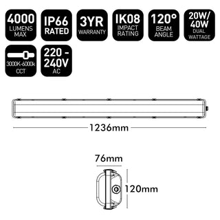 Brilliant Grey Endura 20W/40W Switchable Tri-Proof CCT LED Batten