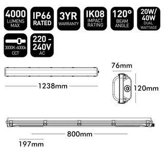 Brilliant Grey Endura 20W/40W Switchable Microwave Sensor Tri-Proof CCT LED Batten