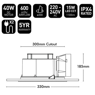 Brilliant White Blizzard Square 330mm DC Exhaust Fan with LED Light