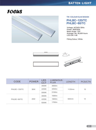 PHLBC Focus Tri-Colour Batten Light