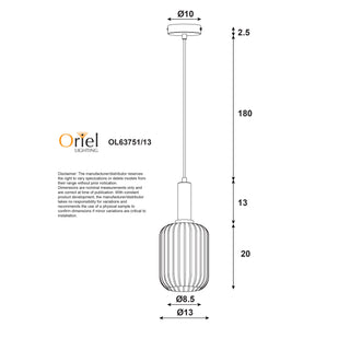 Oriel Lighting Luxe.130 Smoke Ribbed Glass Pendant