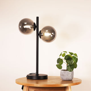 Oriel Valcross 2 Light Black Decorative Table Lamp with Smoke Glass Spheres