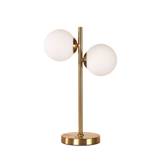 Oriel Valcross 2 Light Satin Brass Decorative Table Lamp with Opal Matt Glass Spheres