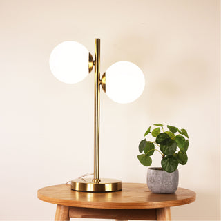 Oriel Valcross 2 Light Satin Brass Decorative Table Lamp with Opal Matt Glass Spheres