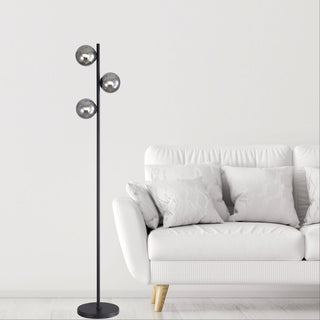 Oriel Valcross 3 Light Black Decorative Floor Lamp with Smoke Glass Spheres