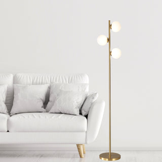 Oriel Valcross 3 Light Satin Brass Decorative Floor Lamp with Opal Matt Glass Spheres