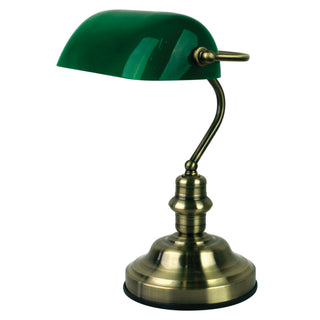 Oriel Lighting Bankers Switched Antique Brass with Green Glass Shade