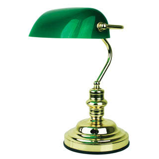 Oriel Lighting Bankers Switched Brass Plated with Green Glass Shade
