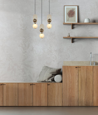 CLA Palta Interior Sandblasted Opal Diffuser with Brass & Wood Highlight Pendant Lights