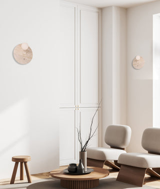 CLA Poi Interior Round Travertine Base with Beige Finish & Round Opal Diffuser Wall Light