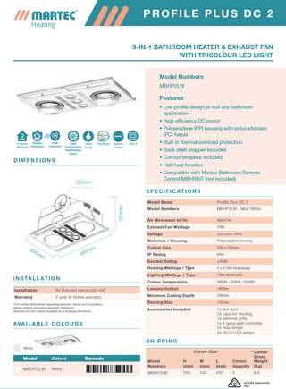 Martec Profile Plus DC 2 3-in-1 Bathroom Heater with 2 Heat Lamps Exhaust Fan and GU10 LED Light