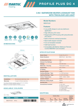 Martec Profile Plus DC 4 3-in-1 Bathroom Heater with 4 Heat Lamps Exhaust Fan and GU10 LED Light