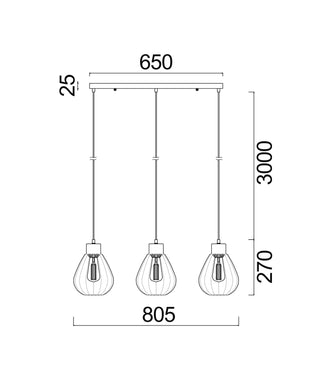 CLA TULIP Interior 3 Light Bar Wine Glass Ribbed Pendant