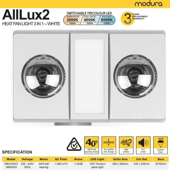 Modura AllLux2 3 in 1 Bathroom Heater Exhaust Fan and Light 12W Tricolour