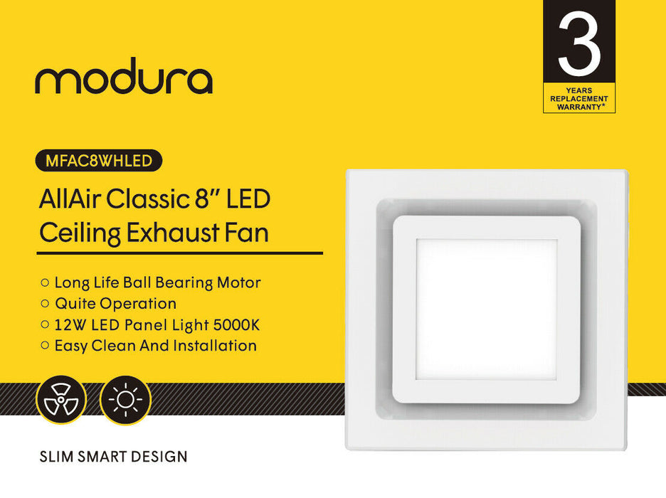 Modura AllAir Class 8" 12W LED Panel Light Ceiling Exhaust Fan Square